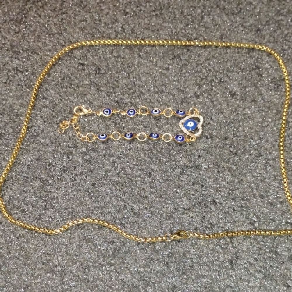Gold Tone Evil Eye Bracelet With Necklace